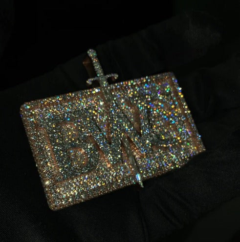 D Color VVS1 Moissanite Diamonds Men Layered Logo Pendant, Custom Logo Pendant, Solid 925 Sterling Silver, Rhodium Plated, Hip Hop Jewelry