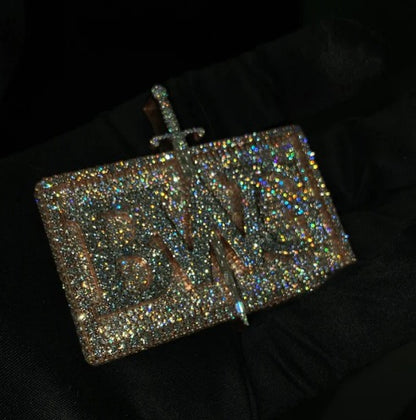 D Color VVS1 Moissanite Diamonds Men Layered Logo Pendant, Custom Logo Pendant, Solid 925 Sterling Silver, Rhodium Plated, Hip Hop Jewelry