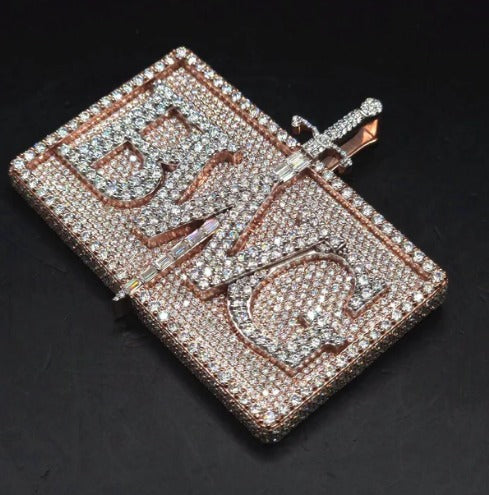 D Color VVS1 Moissanite Diamonds Men Layered Logo Pendant, Custom Logo Pendant, Solid 925 Sterling Silver, Rhodium Plated, Hip Hop Jewelry