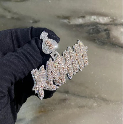 Real Moissanite Diamonds Men's Layered Name Pendant, Custom Name, Rhodium-Plated 925 Sterling Silver, VVS Moissanite, Passes Diamond Tester