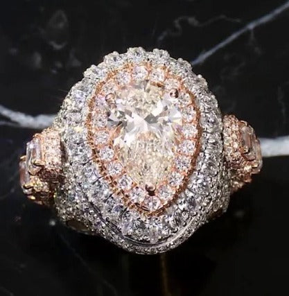5ct Pear-Shaped Moissanite and Asscher Cut Accent Stones Iced-Out Ring - White &amp; Rose Gold Finish, Luxury Hip-Hop Bling