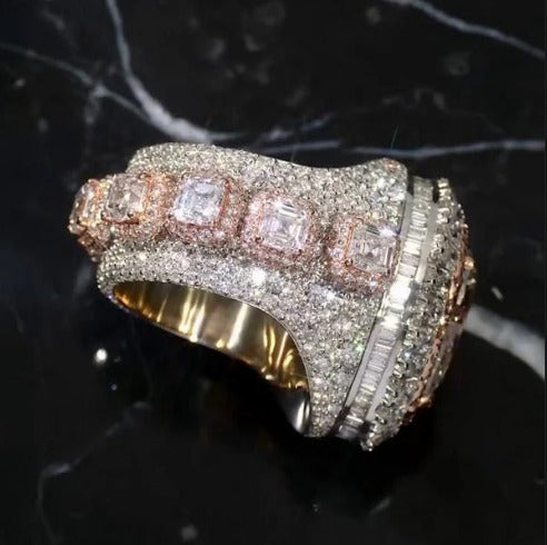 5ct Pear-Shaped Moissanite and Asscher Cut Accent Stones Iced-Out Ring - White &amp; Rose Gold Finish, Luxury Hip-Hop Bling