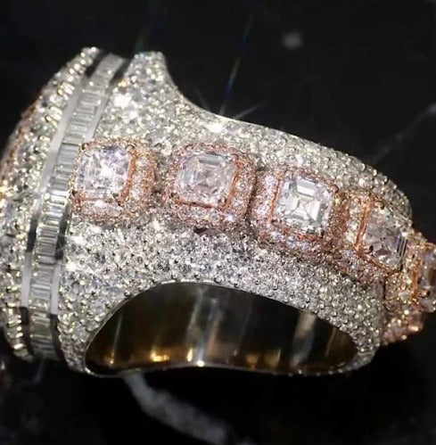 5ct Pear-Shaped Moissanite and Asscher Cut Accent Stones Iced-Out Ring - White &amp; Rose Gold Finish, Luxury Hip-Hop Bling