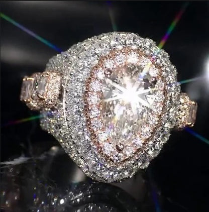 5ct Pear-Shaped Moissanite and Asscher Cut Accent Stones Iced-Out Ring - White &amp; Rose Gold Finish, Luxury Hip-Hop Bling