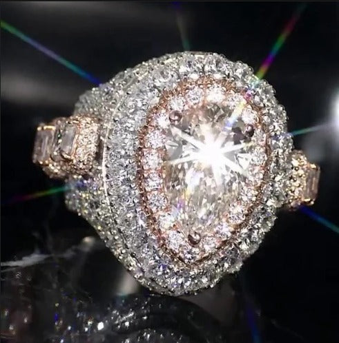 5ct Pear-Shaped Moissanite and Asscher Cut Accent Stones Iced-Out Ring - White &amp; Rose Gold Finish, Luxury Hip-Hop Bling