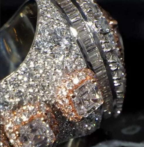 5ct Pear-Shaped Moissanite and Asscher Cut Accent Stones Iced-Out Ring - White &amp; Rose Gold Finish, Luxury Hip-Hop Bling