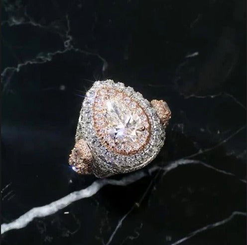 5ct Pear-Shaped Moissanite and Asscher Cut Accent Stones Iced-Out Ring - White &amp; Rose Gold Finish, Luxury Hip-Hop Bling