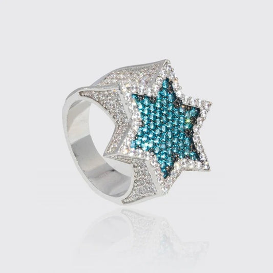 Classy Jewels  Moissanite Blue Iced Star Ring - 925 Silver - D Colour - VVS1