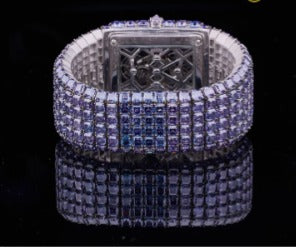Full Iced Baguette and Princess-Cut Blue Moissanite Diamond Watch in White Gold – Where Innovation Meets Luxury by Classy Jewels