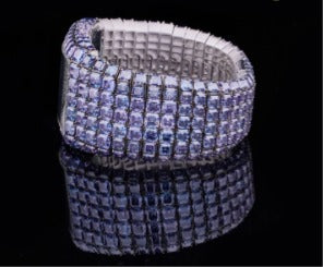 Full Iced Baguette and Princess-Cut Blue Moissanite Diamond Watch in White Gold – Where Innovation Meets Luxury by Classy Jewels