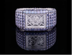 Full Iced Baguette and Princess-Cut Blue Moissanite Diamond Watch in White Gold – Where Innovation Meets Luxury by Classy Jewels