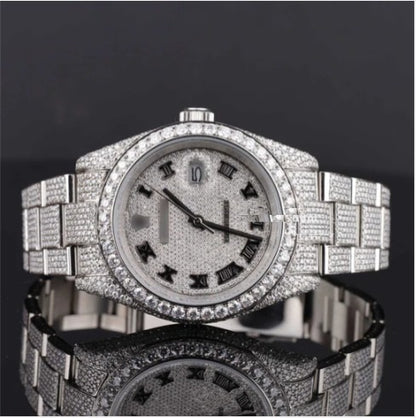 Full Iced Out Diamond Oyster Roman Dial Automatic Moissanite Watch