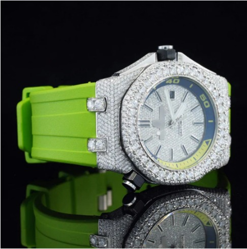 Moissanite Diamond Watch Iced Out Green Belt Automatic Wrist Watch