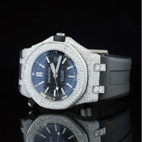 Awesome Two Tone Black Rubber Belt Moissanite Watch For Men