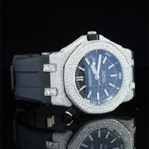 Awesome Two Tone Black Rubber Belt Moissanite Watch For Men