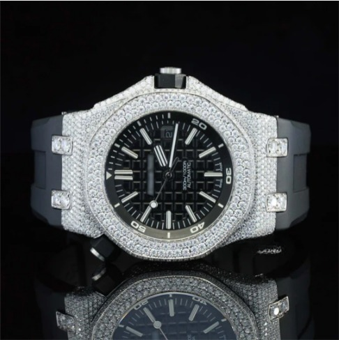 Awesome Two Tone Black Rubber Belt Moissanite Watch For Men