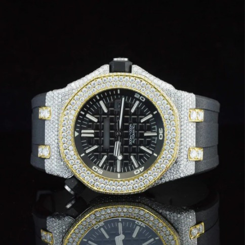 Awesome Two Tone Black Rubber Belt Moissanite Watch For Men