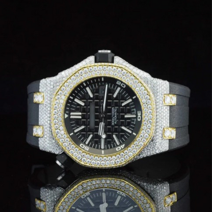 Awesome Two Tone Black Rubber Belt Moissanite Watch For Men