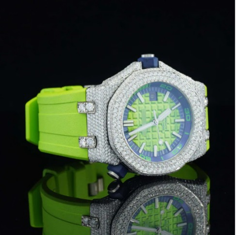 Iced Out Moissanite Watch And Green Color Belt Automatic Watch For Men