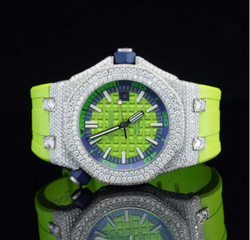 Iced Out Moissanite Watch And Green Color Belt Automatic Watch For Men