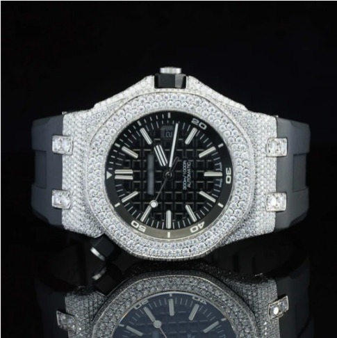 Fabulous Moissanite Wrist Watch With Black Color Belt For Men