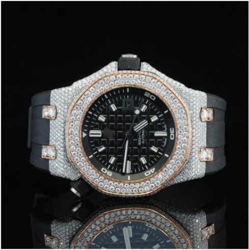 Fabulous Moissanite Wrist Watch With Black Color Belt For Men