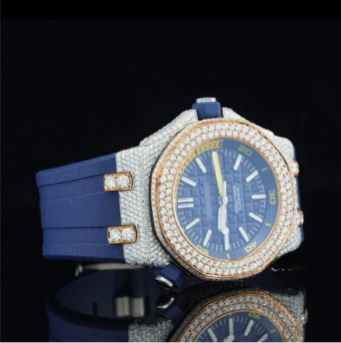 Moissanite Watch Iced Out Blue Color Rubber Belt Automatic Watch For Men