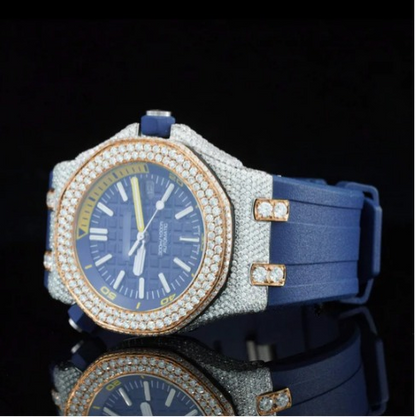 Moissanite Watch Iced Out Blue Color Rubber Belt Automatic Watch For Men