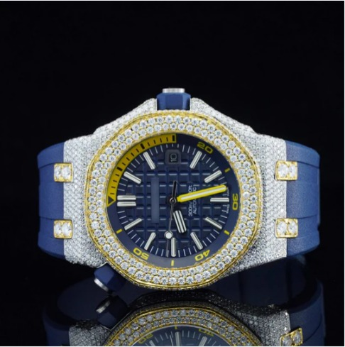 Moissanite Watch Iced Out Blue Color Rubber Belt Automatic Watch For Men