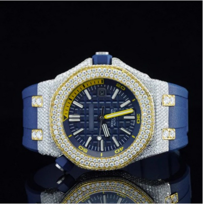Moissanite Watch Iced Out Blue Color Rubber Belt Automatic Watch For Men