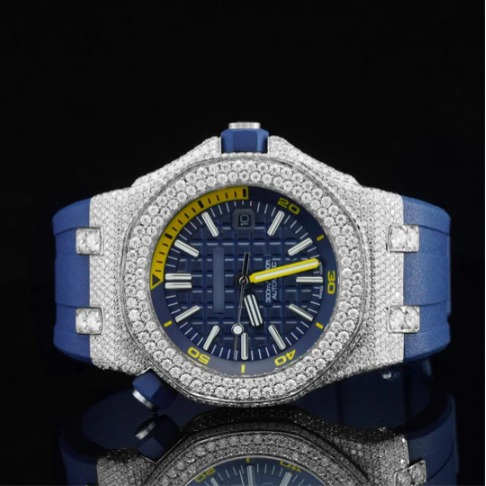 Moissanite Watch Iced Out Blue Color Rubber Belt Automatic Watch For Men