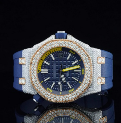 Moissanite Watch Iced Out Blue Color Rubber Belt Automatic Watch For Men