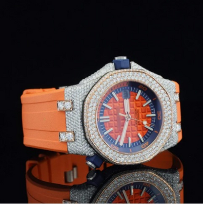 Iced Out Moissanite Watch Orange Color Belt Automatic Watch For Men