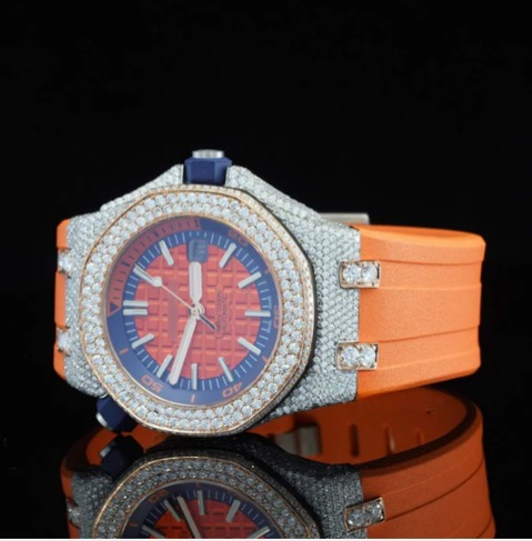 Iced Out Moissanite Watch Orange Color Belt Automatic Watch For Men