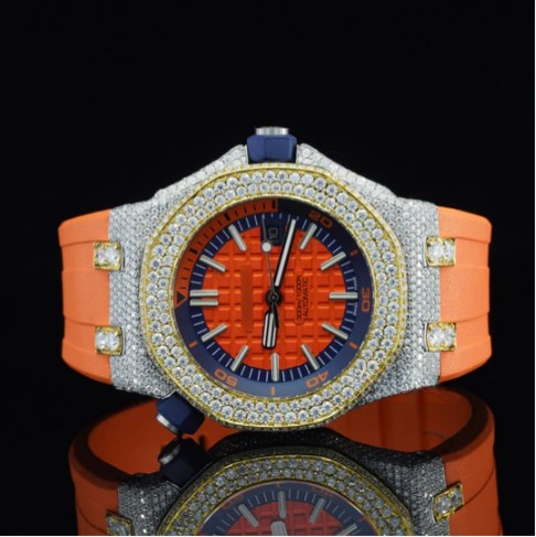 Iced Out Moissanite Watch Orange Color Belt Automatic Watch For Men