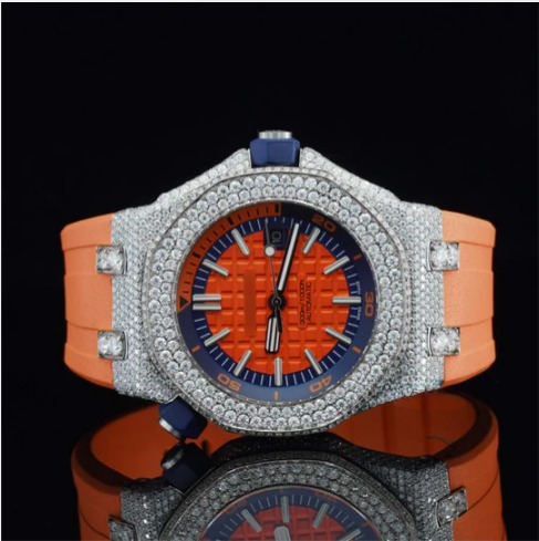 Iced Out Moissanite Watch Orange Color Belt Automatic Watch For Men