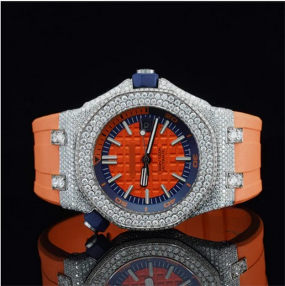 Iced Out Moissanite Watch Orange Color Belt Automatic Watch For Men