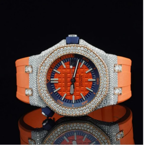 Iced Out Moissanite Watch Orange Color Belt Automatic Watch For Men