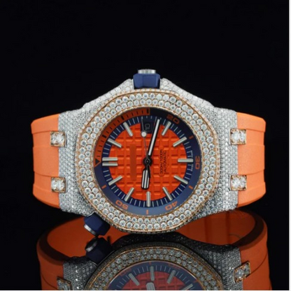 Iced Out Moissanite Watch Orange Color Belt Automatic Watch For Men
