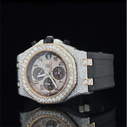 Chrono Automatic Moissanite Watch For Men With Black Rubber Belt