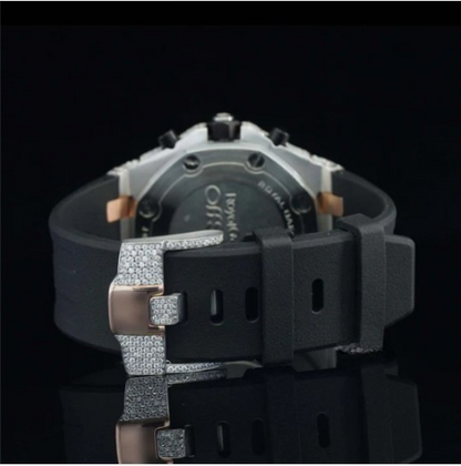 Chrono Automatic Moissanite Watch For Men With Black Rubber Belt
