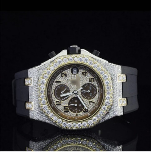 Chrono Automatic Moissanite Watch For Men With Black Rubber Belt