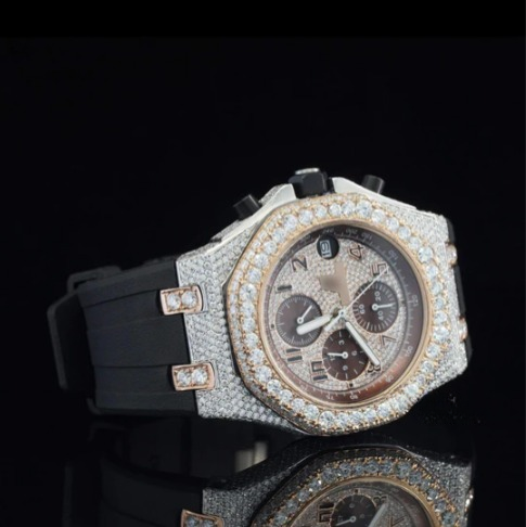 Chrono Automatic Moissanite Watch For Men With Black Rubber Belt