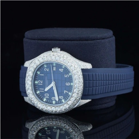 Iced Out Moissanite Watch Blue Color Belt Automatic Watch For Men