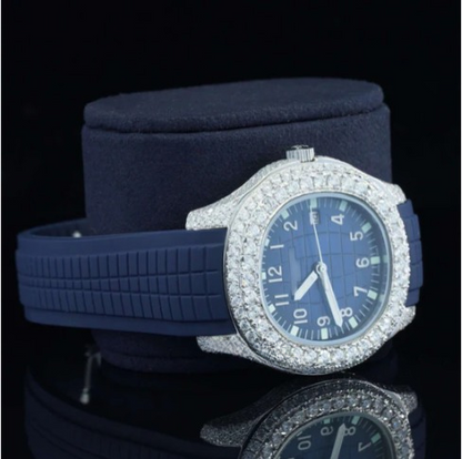Iced Out Moissanite Watch Blue Color Belt Automatic Watch For Men
