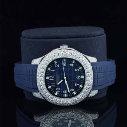 Iced Out Moissanite Watch Blue Color Belt Automatic Watch For Men