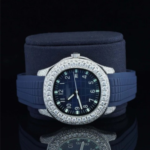 Iced Out Moissanite Watch Blue Color Belt Automatic Watch For Men