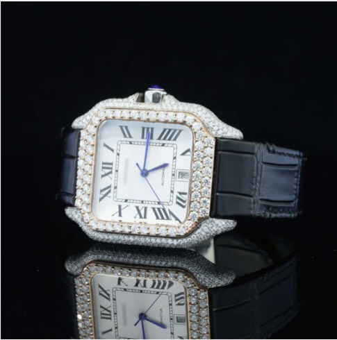Fabulous Black Leather Belt Moissanite Diamond Watch