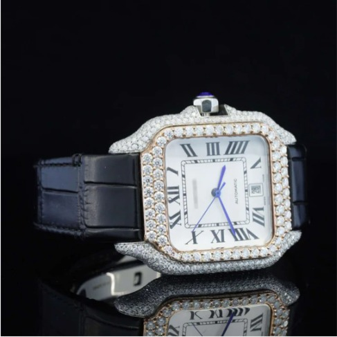 Fabulous Black Leather Belt Moissanite Diamond Watch