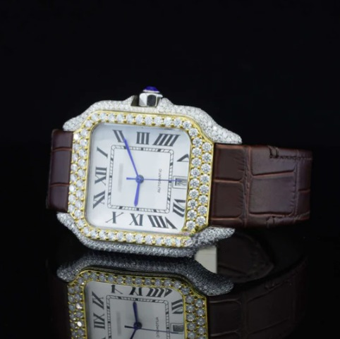 Amazing White Dial With Brown Leather Belt Moissanite Watch